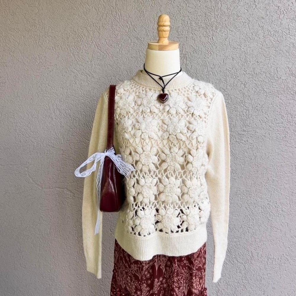 Zara‎ Tan Knit Crochet Floral Sweater Size Small Boho Cottage Fairy